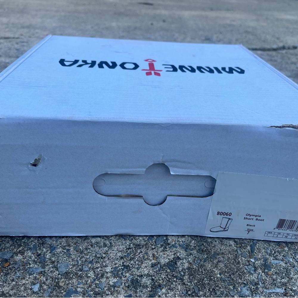 Minnetonka White Shoe Box with Black and Red Logo